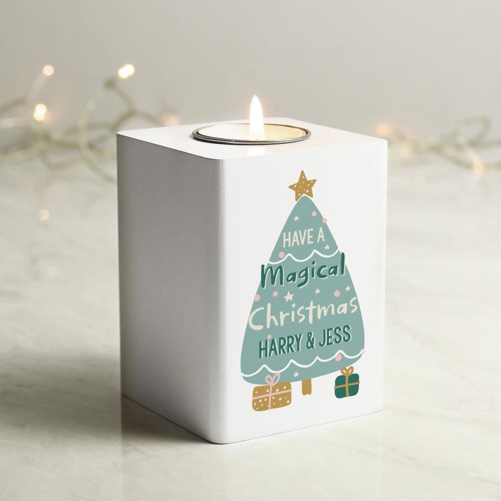 Personalised Christmas Tree White Wooden Tea Light Holder Extra Image 1